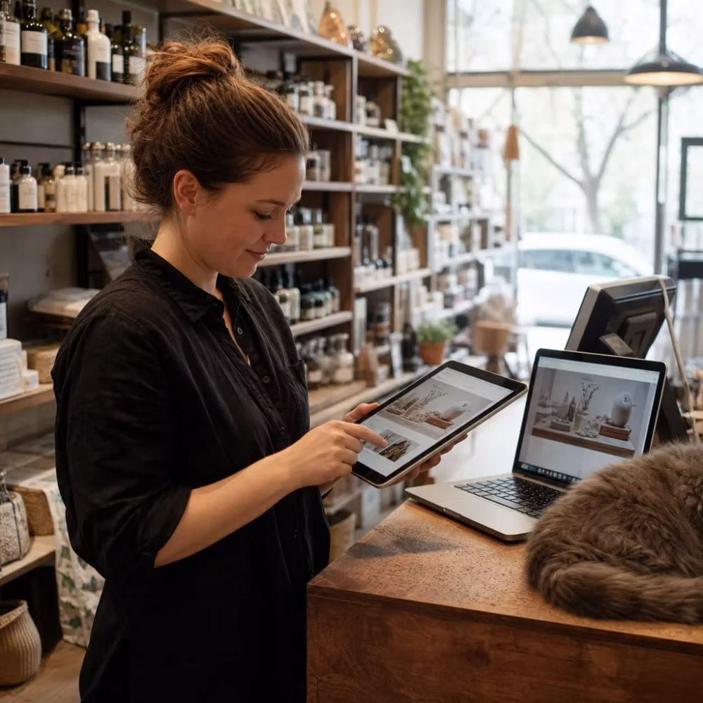 Business owner looking at a website on a tablet